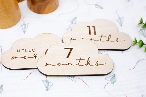 Hello World Cloud Plaque Set (14) - Classic Single Sided - Baby Milestones | Personalized